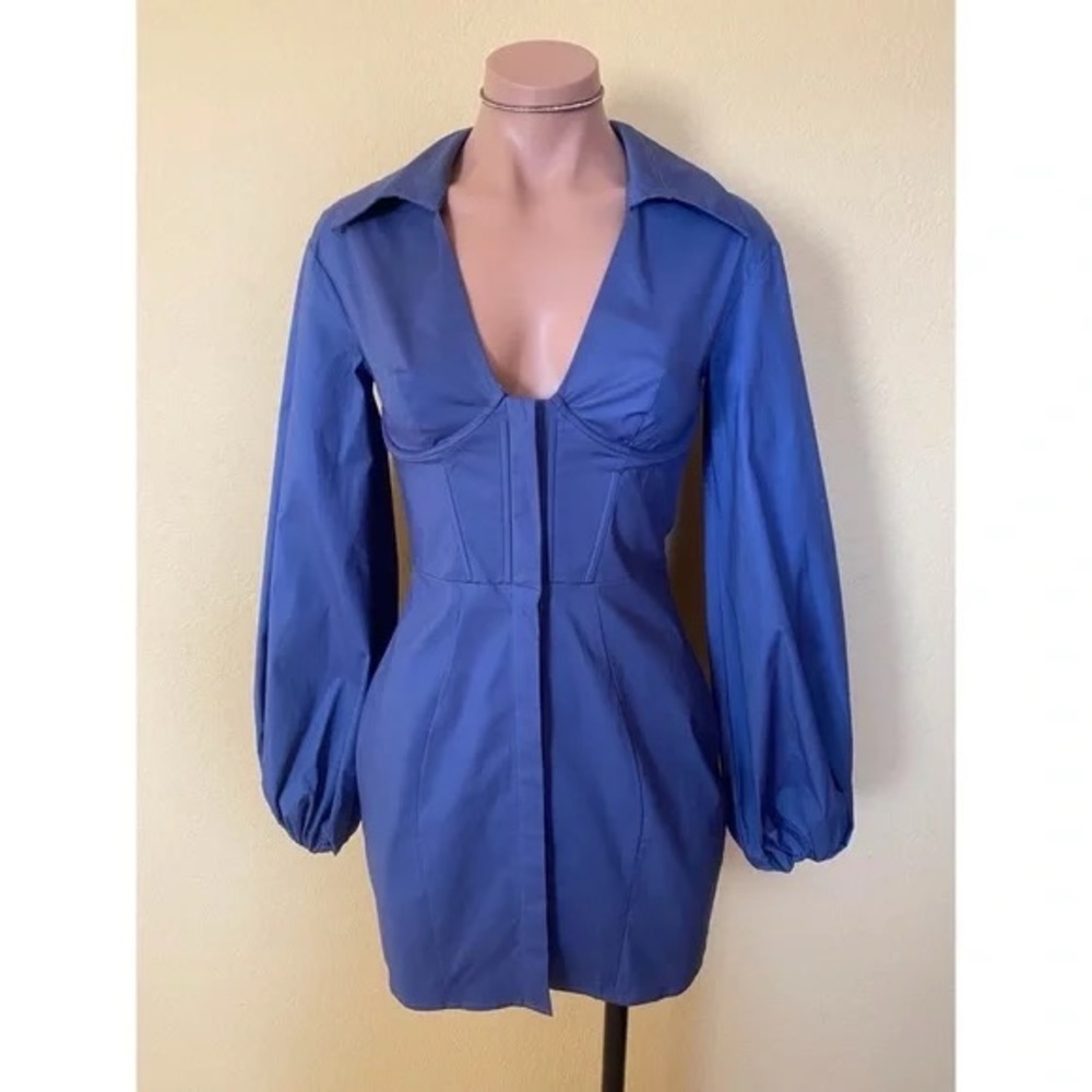 NWT Oh Polly Puff Sleeve Corset Mini Dress in Blue | Women's Size 2